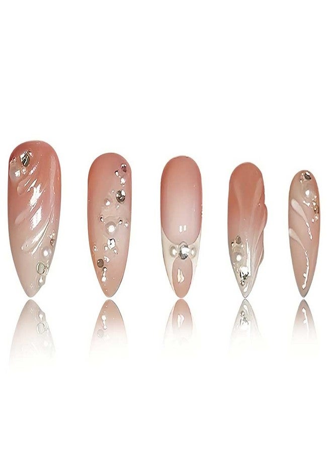 Foccna Press On Nails -Short Almond French Tip Fake Nails with 3D Pearls, Reusable Wedding Nails -24pcs, Gorgeous Nails - Image 4